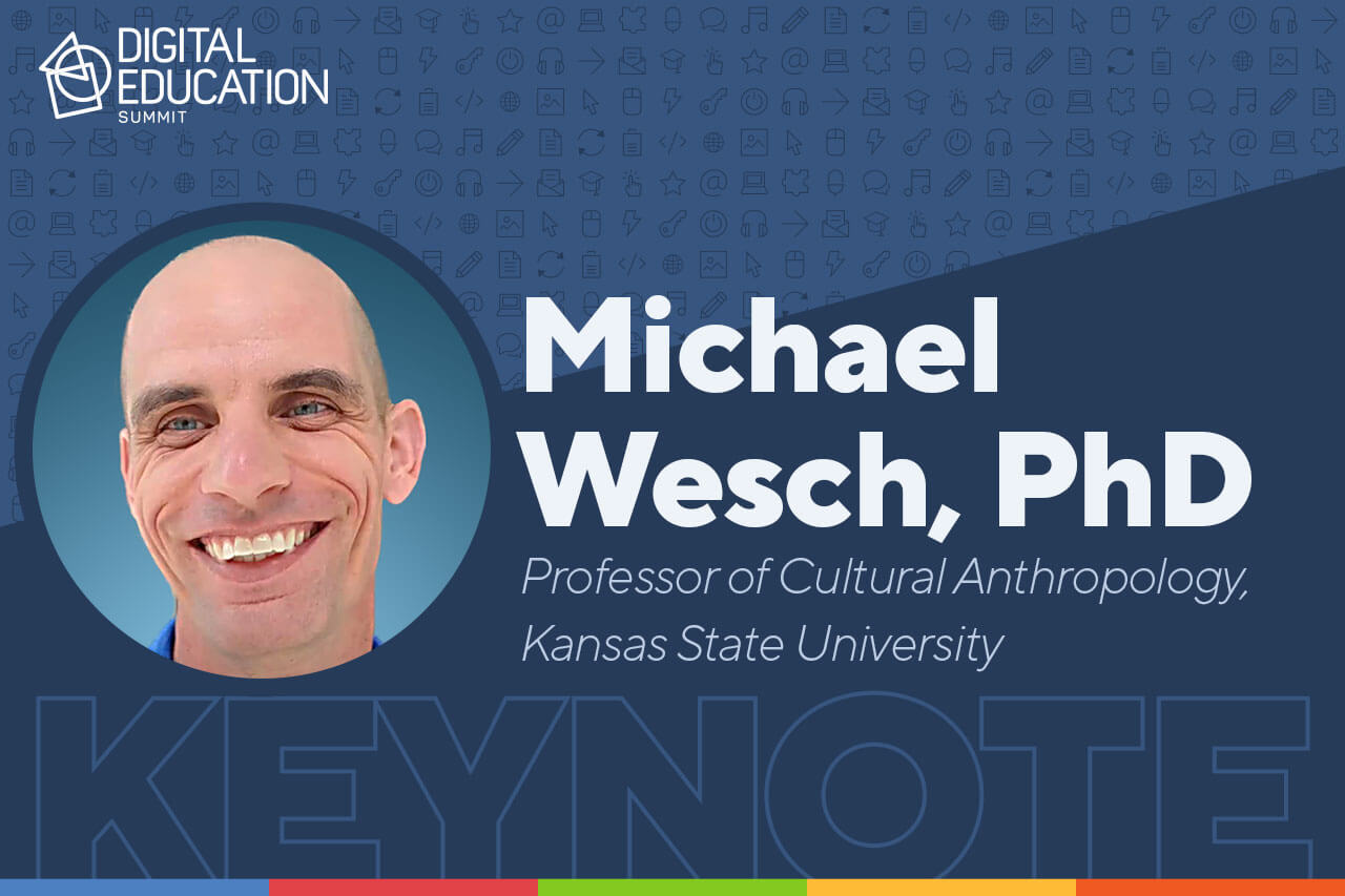 Graphic design showing Dr. Mike Wesch's headshot alongside text announcing him as this year's DES keynote.