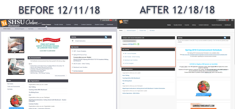 Screen shots of Blackboard Before and after the upgrade with the (My Courses) module showing up on the left