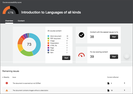 A screenshot showing an accessibility report that was run using Ally in Blackboard