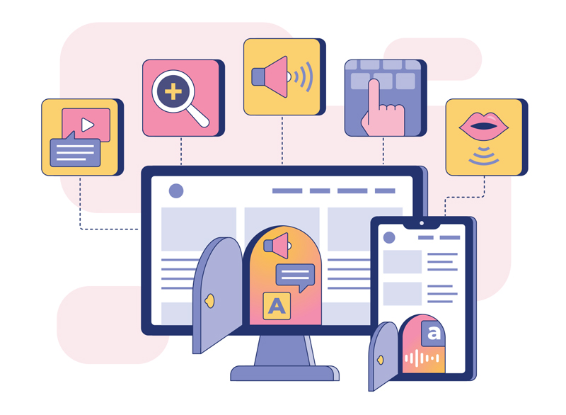 An abstract illustration that shows icons representing several accessibility features