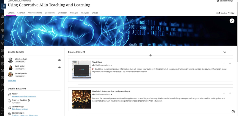 a screenshot of the sing Generative AI in Teaching and Learning course in blackboard